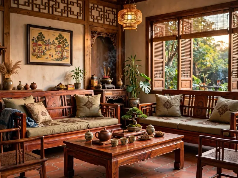 Bộ trường kỷ và bàn trà gỗ kiểu truyền thống